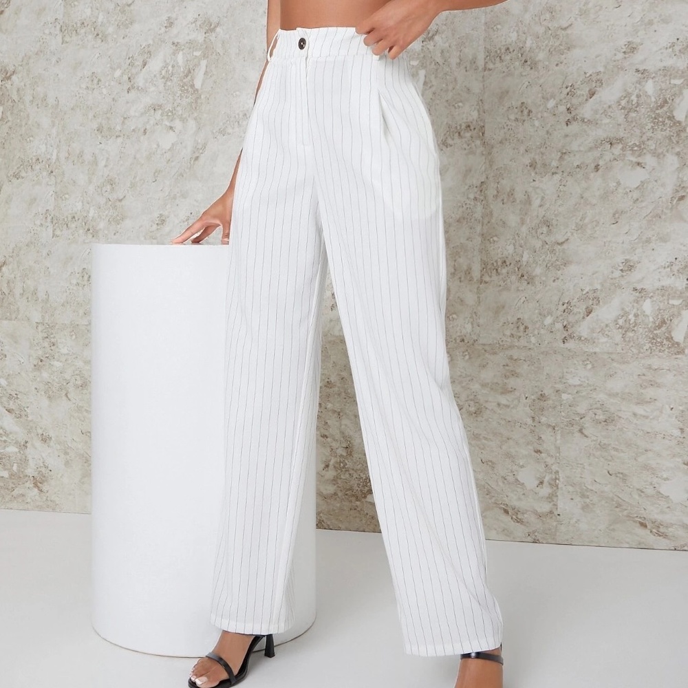Pinstriped High-Rise Straight Leg Pants